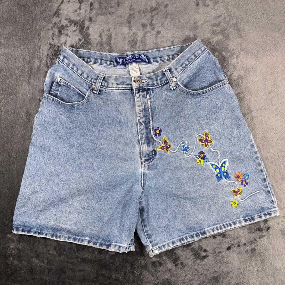 Vintage No Excuses Denim Butterfly Embroidered High Waist Jean Shorts Light Wash